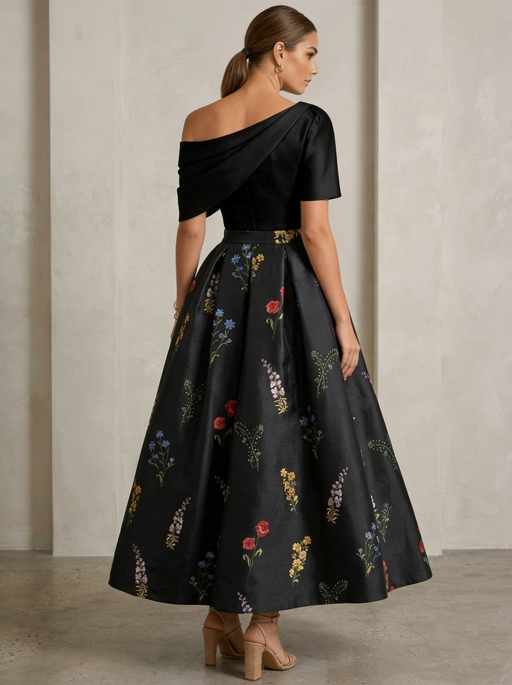 A-Line/Princess One-Shoulder Mother of the Bride Dresses Satin Floral Short Sleeves Ankle Length