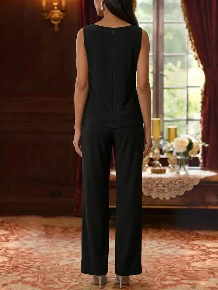 3 Pieces Suit Scoop Chiffon Mother of the Bride Pantsuits with Jacket Sequins Ankle-Length 3/4 Sleeves