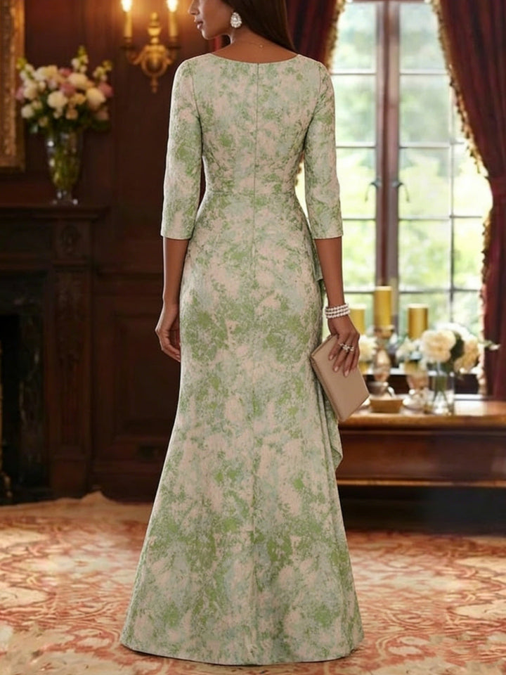 Sheath/Column Scoop Jacquard Mother of the Bride Dresses Floor-Length Floral 3/4 Sleeves Ruffles