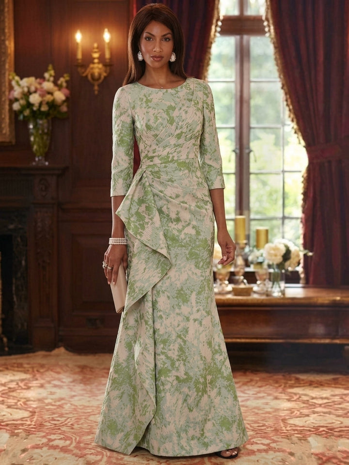 Sheath/Column Scoop Jacquard Mother of the Bride Dresses Floor-Length Floral 3/4 Sleeves Ruffles