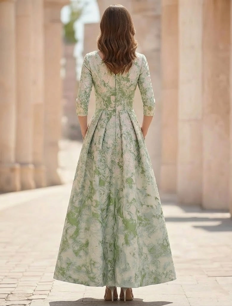 A-Line/Princess V-Neck Jacquard Mother of the Bride Dresses Ankle-Length 3/4 Sleeves Floral