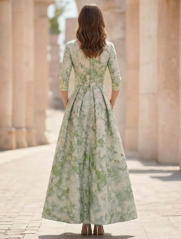 A-Line/Princess V-Neck Jacquard Mother of the Bride Dresses Ankle-Length 3/4 Sleeves Floral