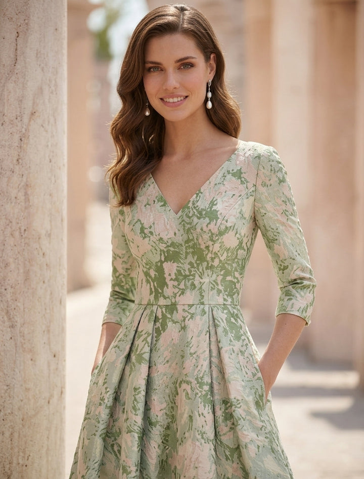 A-Line/Princess V-Neck Jacquard Mother of the Bride Dresses Ankle-Length 3/4 Sleeves Floral