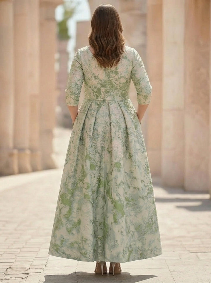 A-Line/Princess V-Neck Jacquard Plus Size Mother of the Bride Dresses Ankle-Length 3/4 Sleeves Floral