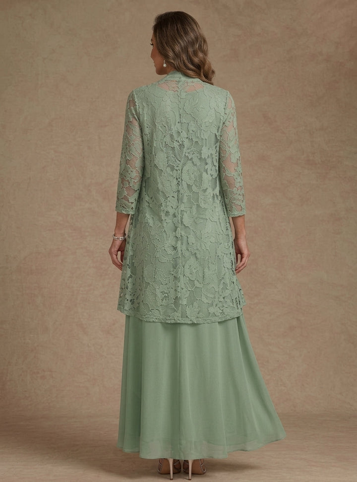 3 Pieces Suit A-Line/Princess V-Neck Chiffon Mother of the Bride Dresses with Jacket Lace Ankle-Length 3/4 Sleeves