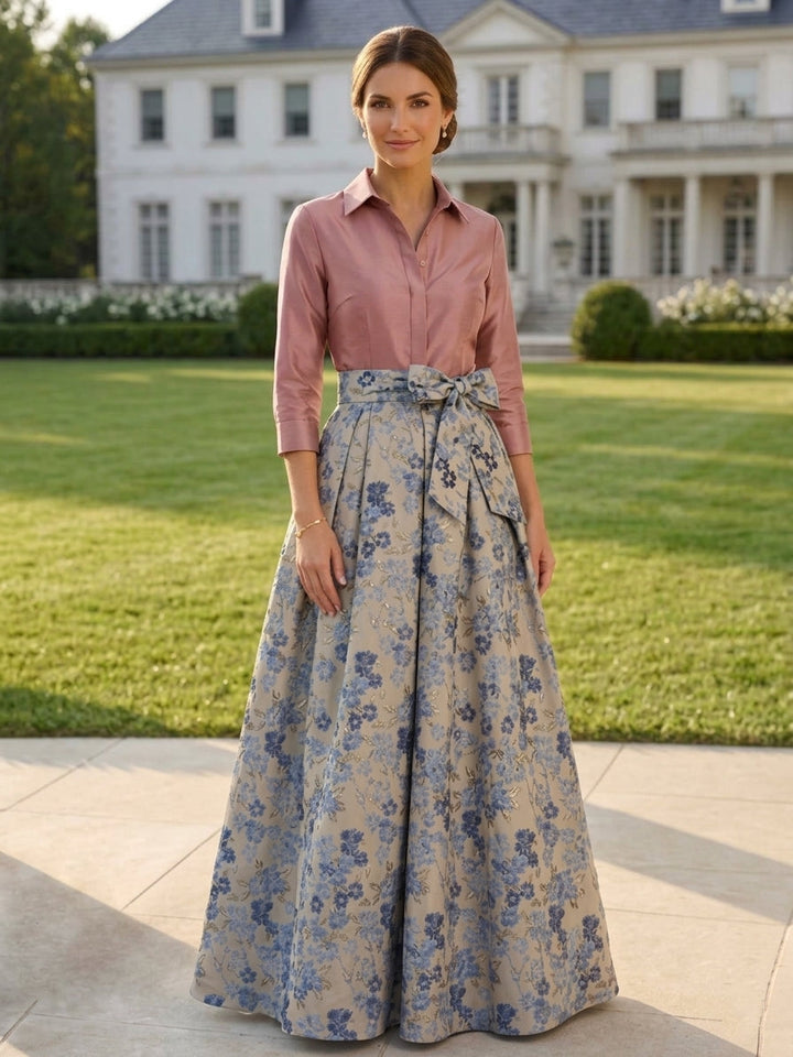 A-Line/Princess Shirt Collar Jacquard Mother of the Bride Dresses Bowknot Floral 3/4 Sleeves Floor Length