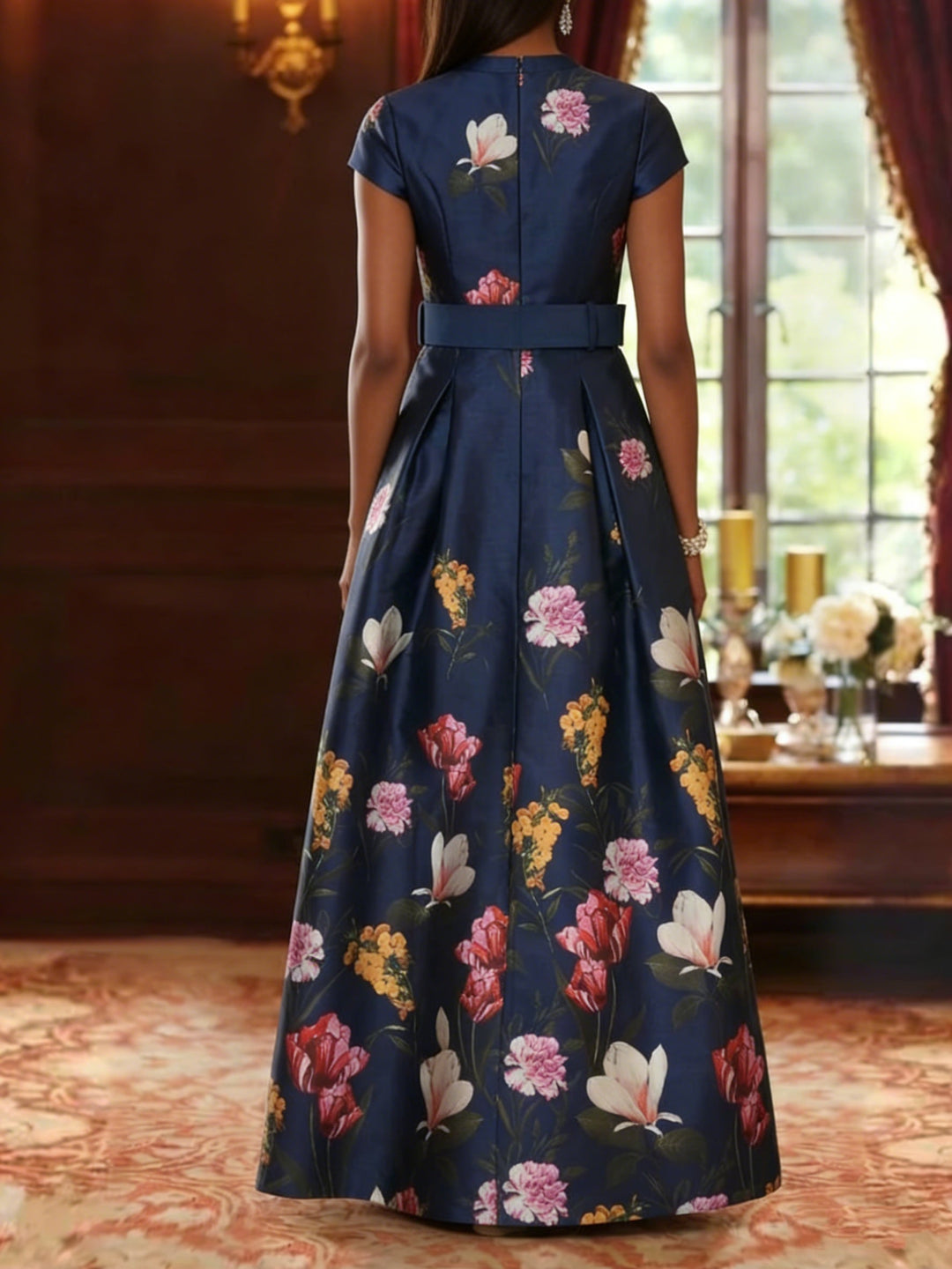 A-Line/Princess V-Neck Printed Satin Mother of the Bride Dresses with Split Side Floral Short Sleeves Floor Length Belt