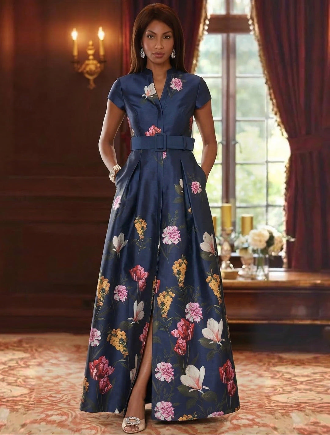 A-Line/Princess V-Neck Printed Satin Mother of the Bride Dresses with Split Side Floral Short Sleeves Floor Length Belt