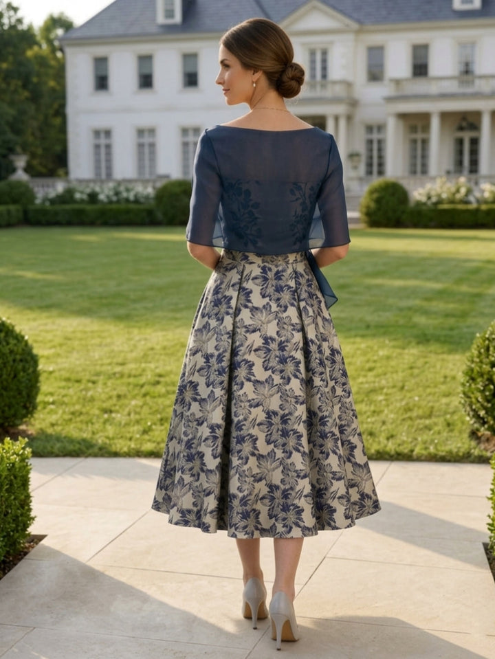 A-Line/Princess Strapless Jacquard Mother of the Bride Dresses with Wrap Floral Sleeveles Tea Length