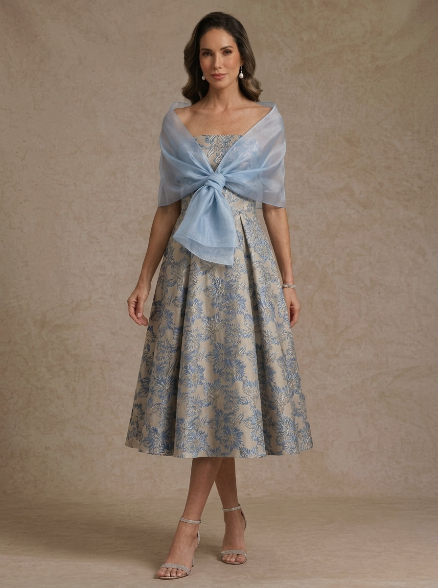 A-Line/Princess Strapless Jacquard Mother of the Bride Dresses with Wrap Floral Sleeveles Tea Length