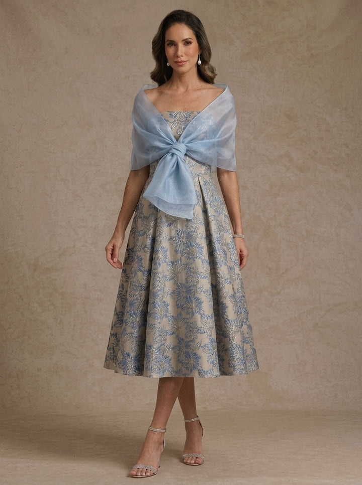 A-Line/Princess Strapless Jacquard Mother of the Bride Dresses with Wrap Floral Sleeveles Tea Length