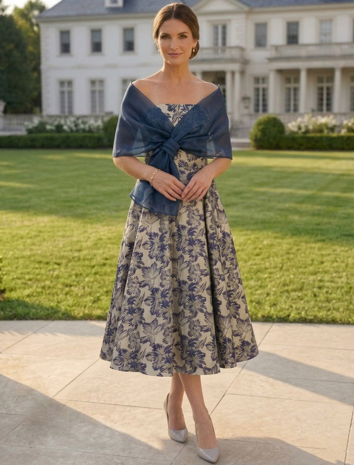 A-Line/Princess Strapless Jacquard Mother of the Bride Dresses with Wrap Floral Sleeveles Tea Length
