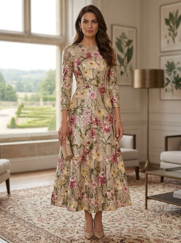 A-Line/Princess Scoop Sequins Mother of the Bride Dresses 3/4 Sleeves Floral Ankle-Length
