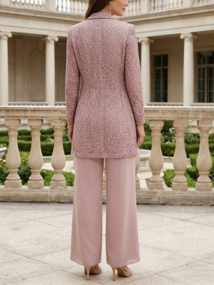 3 Pieces Suit Scoop Chiffon Mother of the Bride Pantsuits with Jacket Long Sleeves Ankle-Length Lace