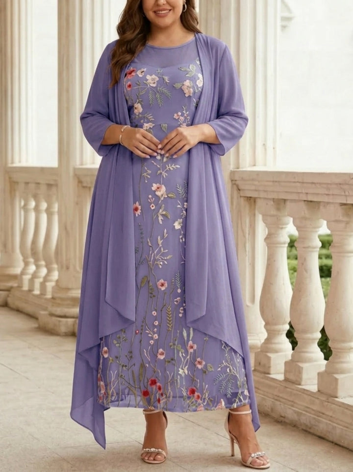 2 Pieces A-Line/Princess Scoop Chiffon Plus Size Mother of the Bride Dresses with Jacket Long Sleeves Ankle-Length Lace Floral