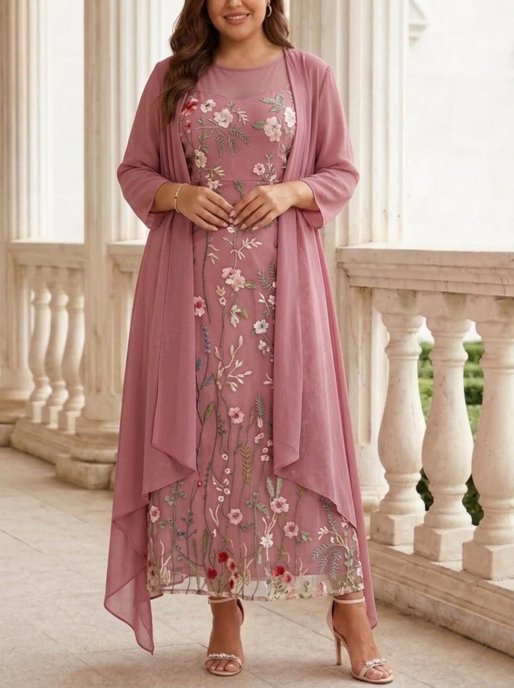 2 Pieces A-Line/Princess Scoop Chiffon Plus Size Mother of the Bride Dresses with Jacket Long Sleeves Ankle-Length Lace Floral