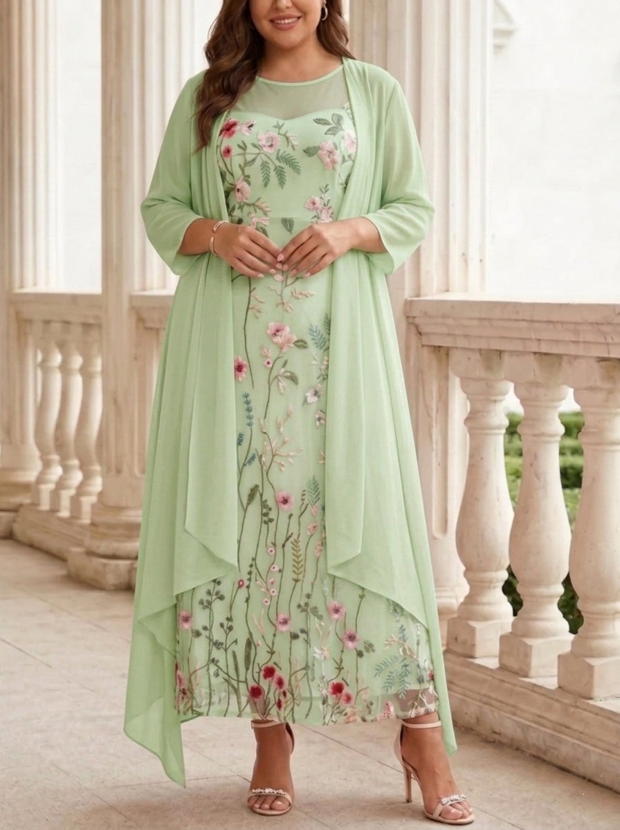 2 Pieces A-Line/Princess Scoop Chiffon Plus Size Mother of the Bride Dresses with Jacket Long Sleeves Ankle-Length Lace Floral