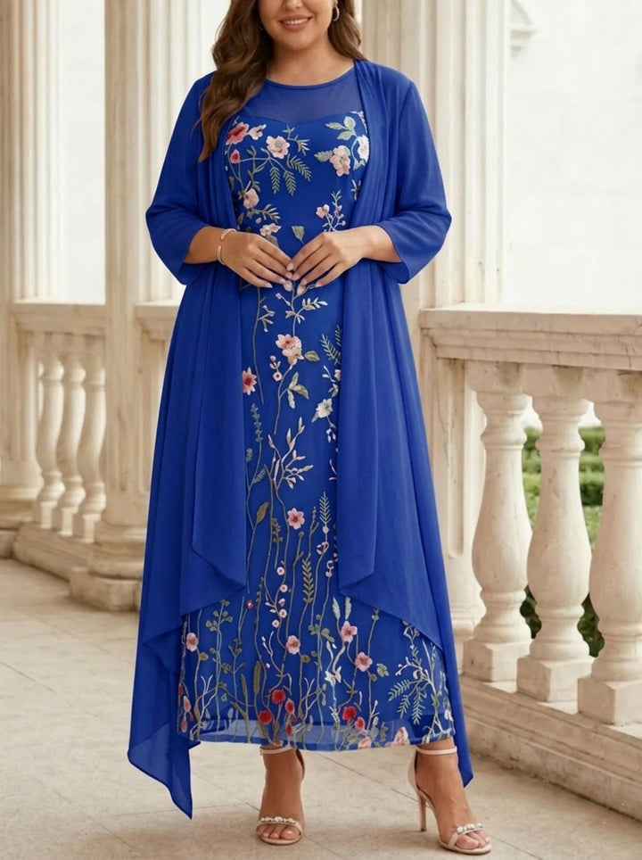 2 Pieces A-Line/Princess Scoop Chiffon Plus Size Mother of the Bride Dresses with Jacket Long Sleeves Ankle-Length Lace Floral