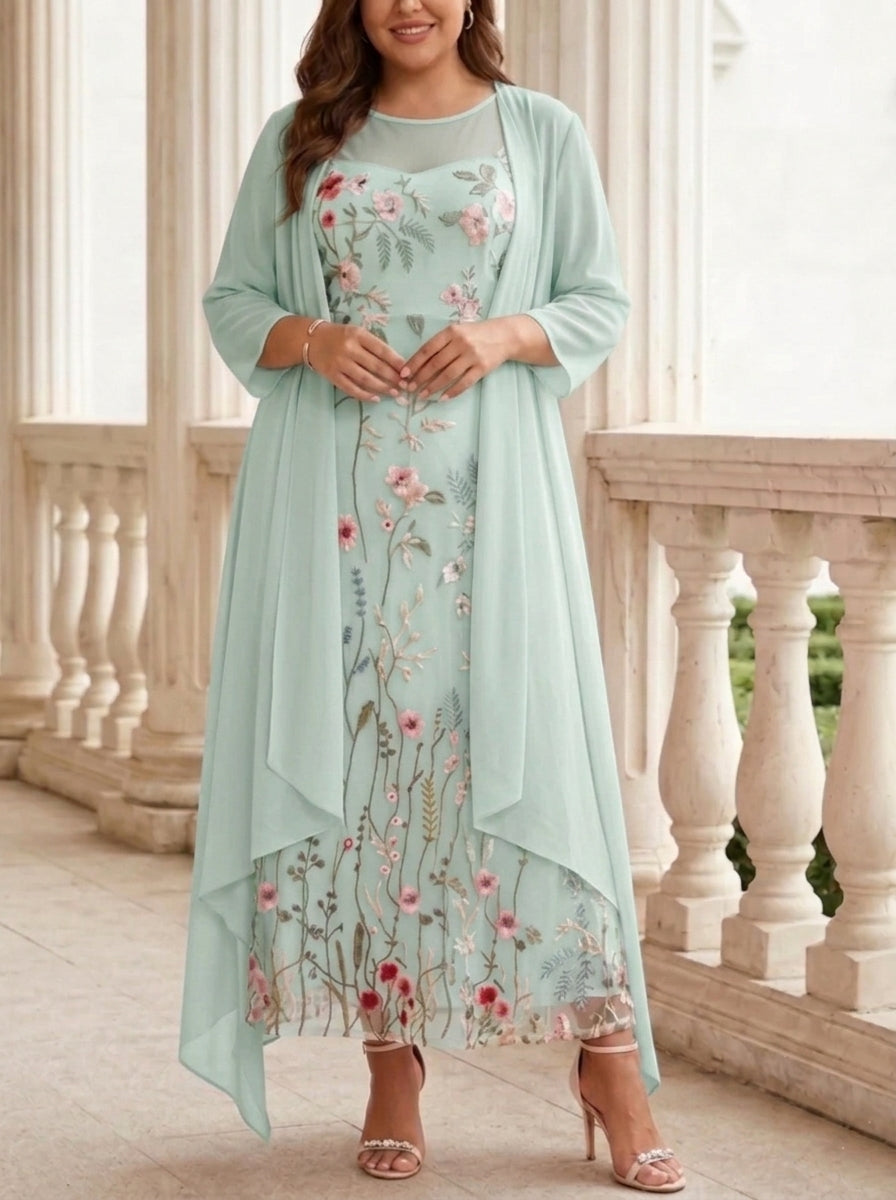 2 Pieces A-Line/Princess Scoop Chiffon Plus Size Mother of the Bride Dresses with Jacket Long Sleeves Ankle-Length Lace Floral
