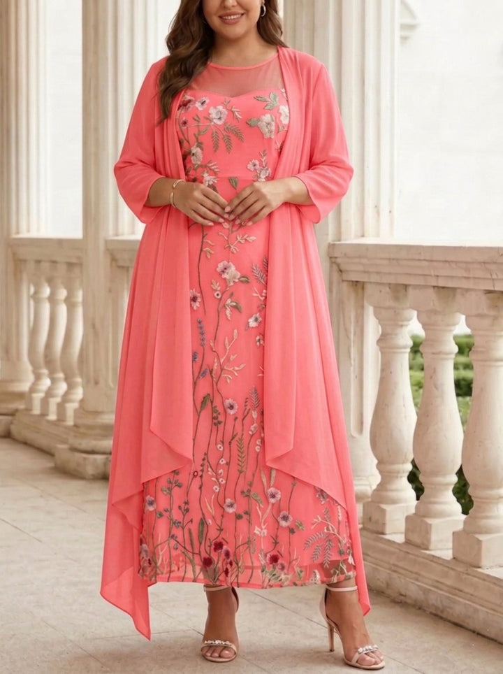 2 Pieces A-Line/Princess Scoop Chiffon Plus Size Mother of the Bride Dresses with Jacket Long Sleeves Ankle-Length Lace Floral