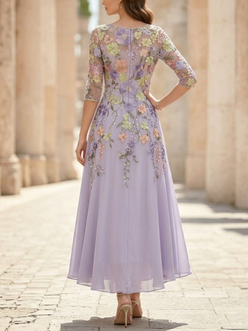 A-Line/Princess V-Neck Chiffon Mother of the Bride Dresses Half Sleeves Lace Floral Asymmetrical Tea-Length
