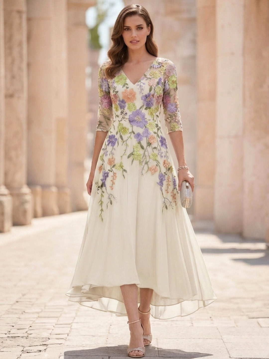 A-Line/Princess V-Neck Chiffon Mother of the Bride Dresses Half Sleeves Lace Floral Asymmetrical Tea-Length