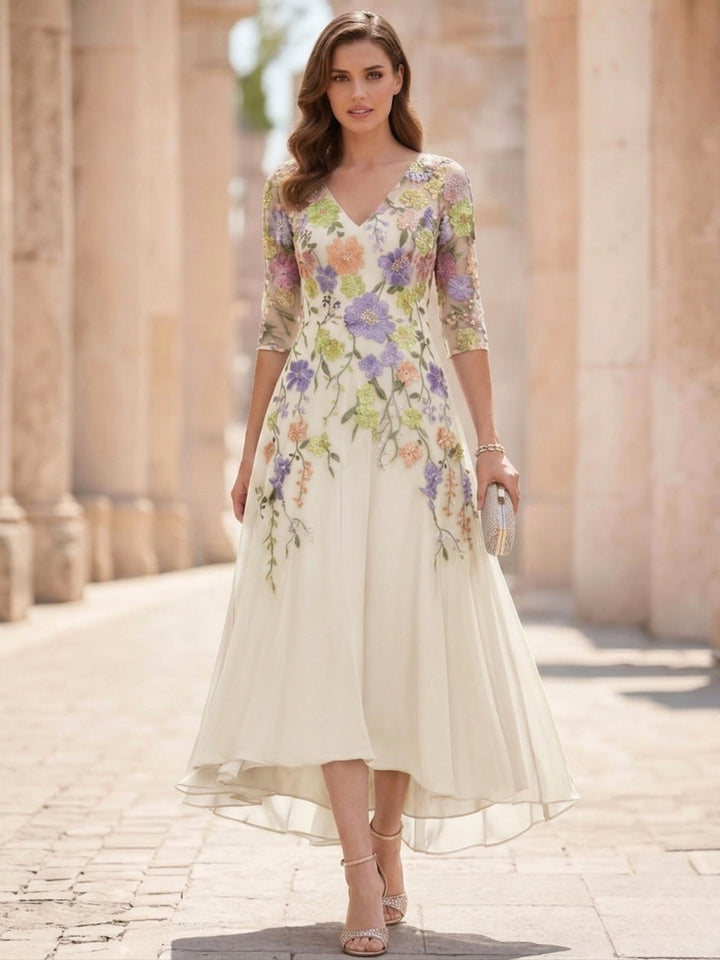 A-Line/Princess V-Neck Chiffon Mother of the Bride Dresses Half Sleeves Lace Floral Asymmetrical Tea-Length