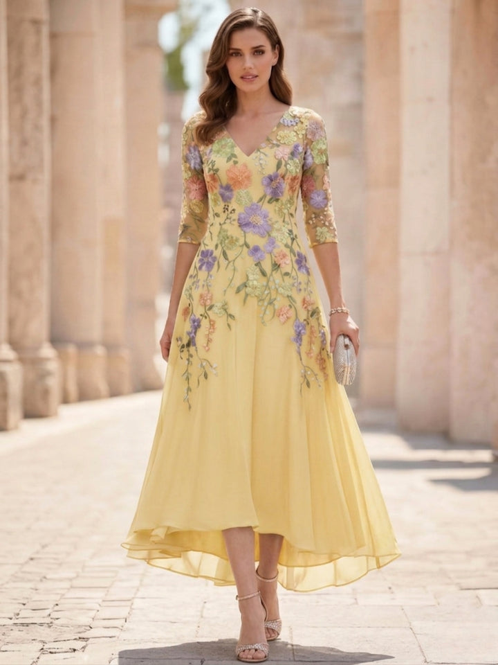 A-Line/Princess V-Neck Chiffon Mother of the Bride Dresses Half Sleeves Lace Floral Asymmetrical Tea-Length