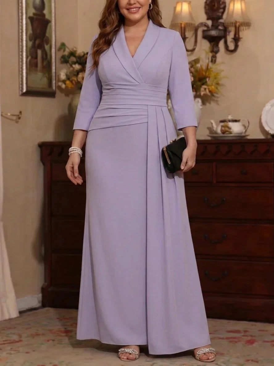 Sheath/Column V-Neck Stretch Satin Plus Size Mother Of The Bride Dresses with Watteau Train 3/4 Sleeves Ankle-Length