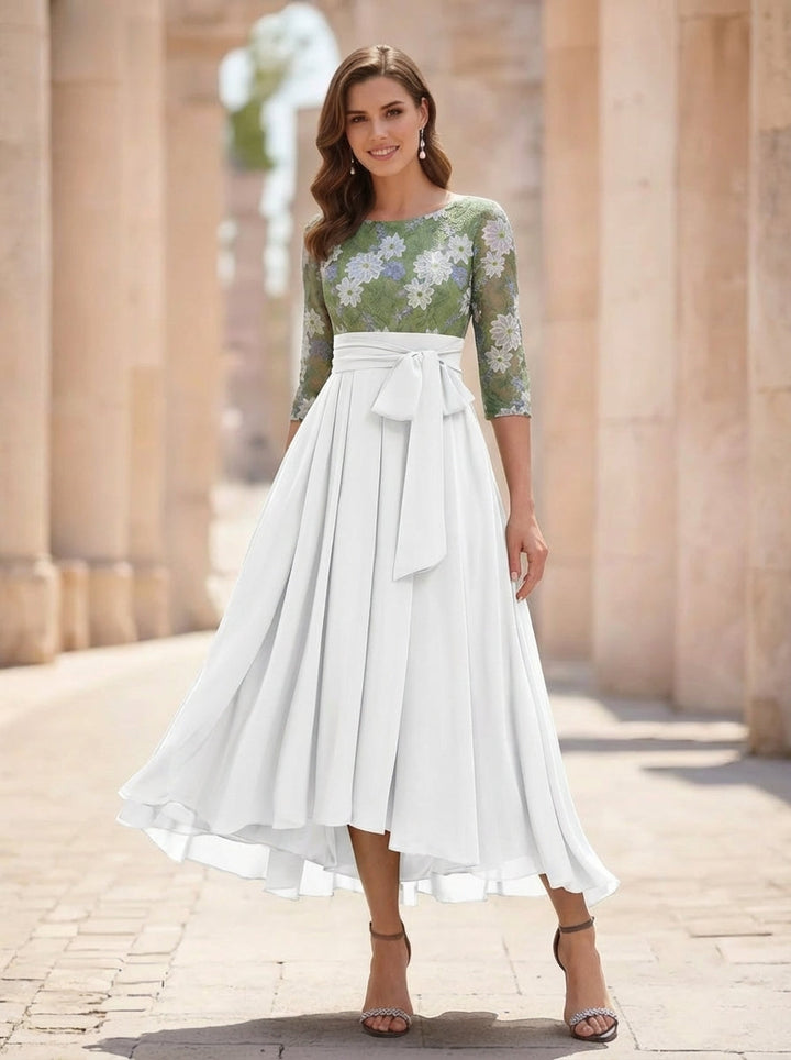 A-Line/Princess Scoop Chiffon Mother of the Bride Dresses 3/4 Sleeves Lace Floral Tea-Length With Pleated Bowknot
