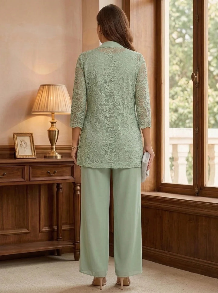 3 Pieces Suit Scoop Chiffon Plus Size Mother of the Bride Pantsuits with Jacket 3/4 Sleeves Lace Floor-Length