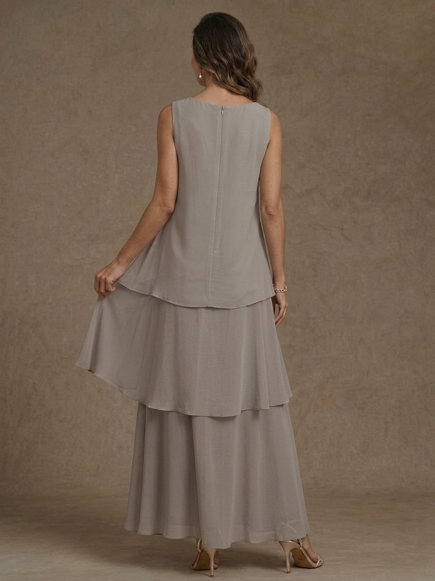 A-Line/Princess Scoop Chiffon Mother of the Bride Dresses with Jacket & Ruffles Long Sleeves Ankle-Length