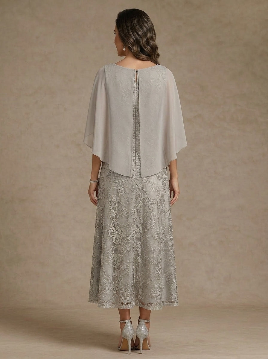 A-Line/Princess Scoop Lace Mother of the Bride Dresses Chiffon Cape Sleeves Floral Tea-Length
