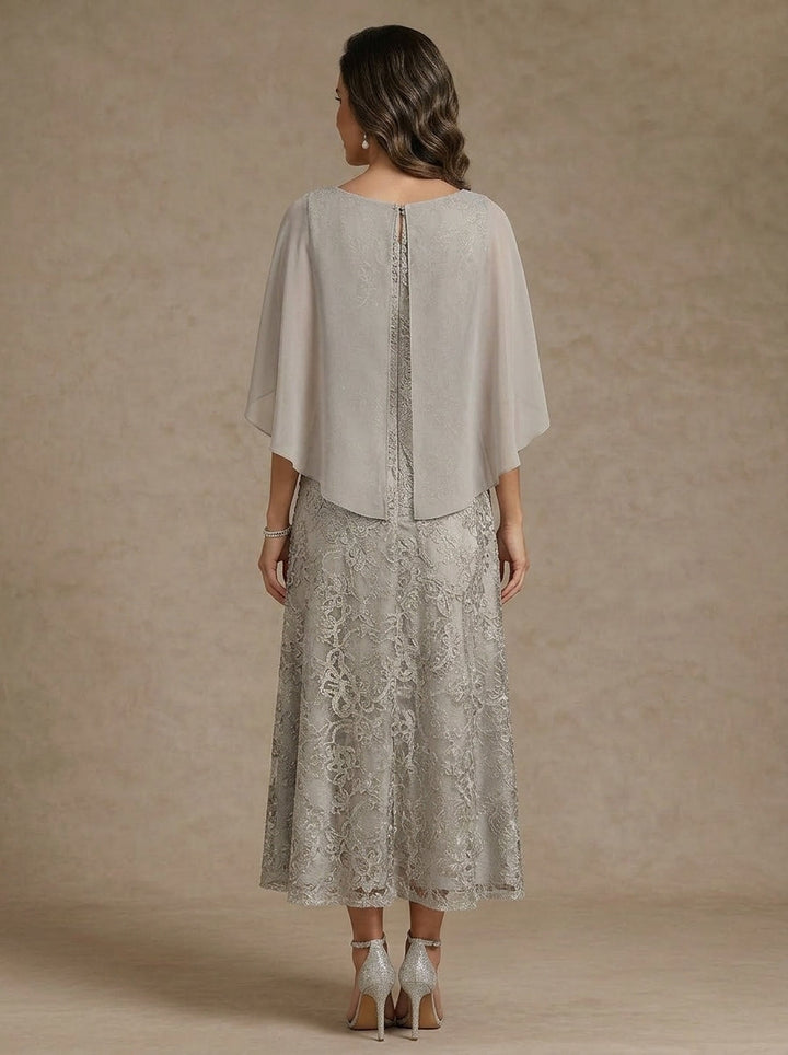 A-Line/Princess Scoop Lace Mother of the Bride Dresses Chiffon Cape Sleeves Floral Tea-Length