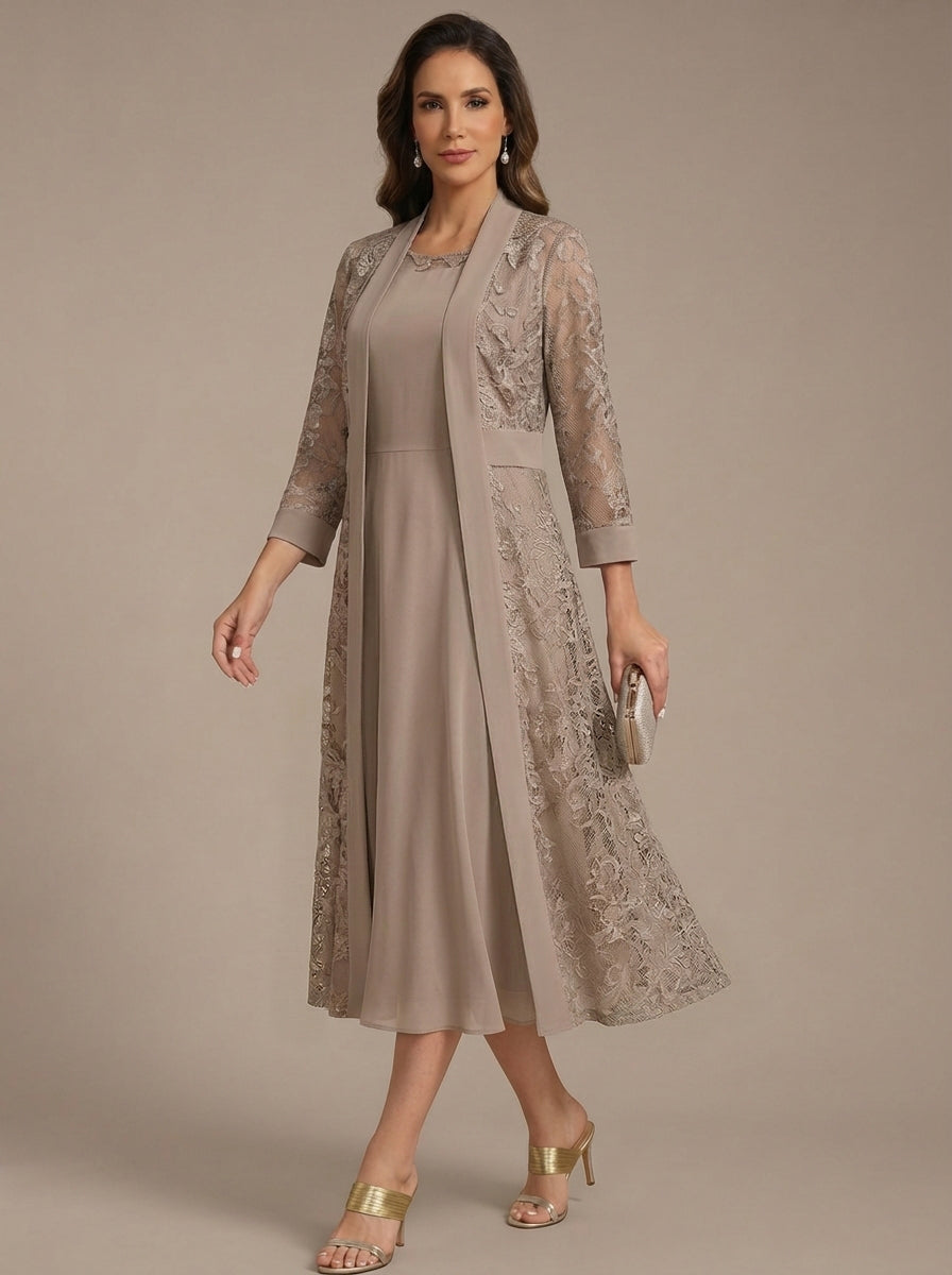 A-Line/Princess Scoop Chiffon Mother of the Bride Dresses with Lace Jacket 3/4 Sleeves Tea-Length