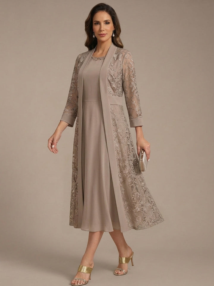 A-Line/Princess Scoop Chiffon Mother of the Bride Dresses with Lace Jacket 3/4 Sleeves Tea-Length
