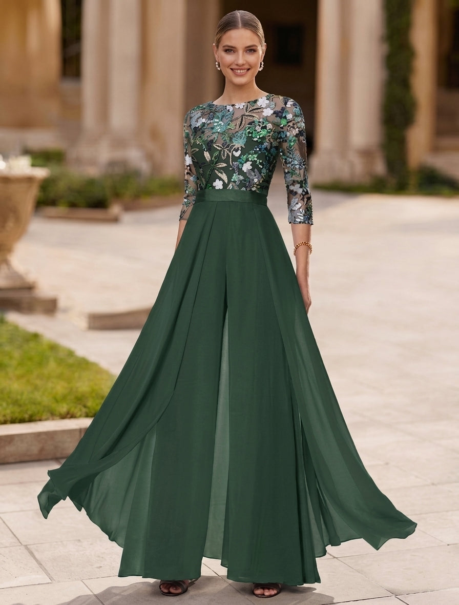 Jumpsuit Scoop Chiffon Mother of the Bride Jumpsuit with Overskirt 3/4 Sleeves Floral Sequins Floor-Length