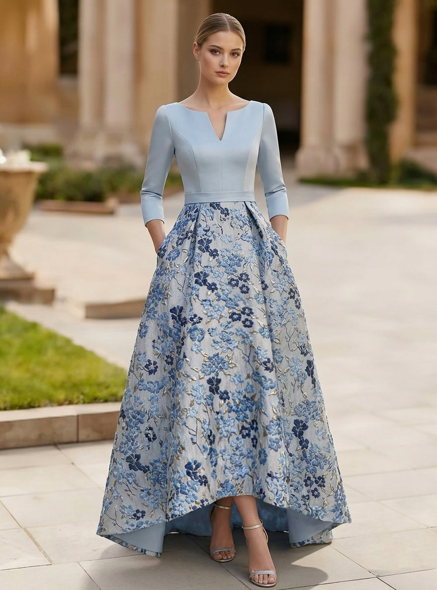 A-Line/Princess V-Neck Satin Mother of the Bride Dresses 3/4 Sleeves Floral Asymmetrical Floor-Length
