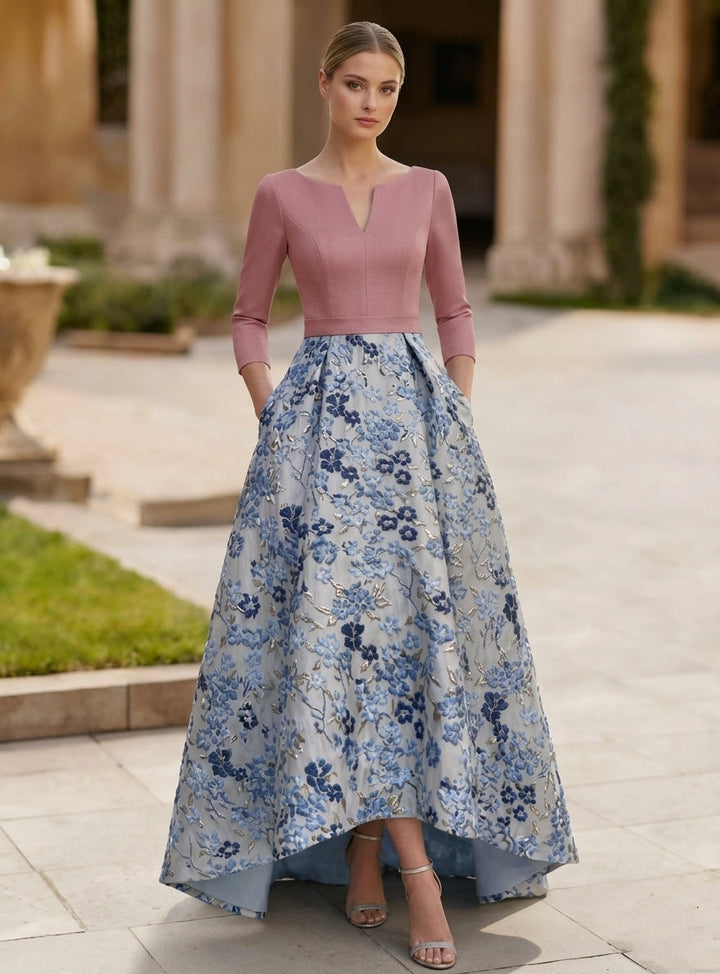 A-Line/Princess V-Neck Satin Mother of the Bride Dresses 3/4 Sleeves Floral Asymmetrical Floor-Length