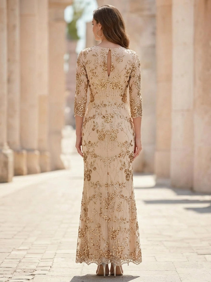 Sheath/Column Scoop Sequins Lace Mother of the Bride Dresses 3/4 Sleeves Floral Ankle-Length