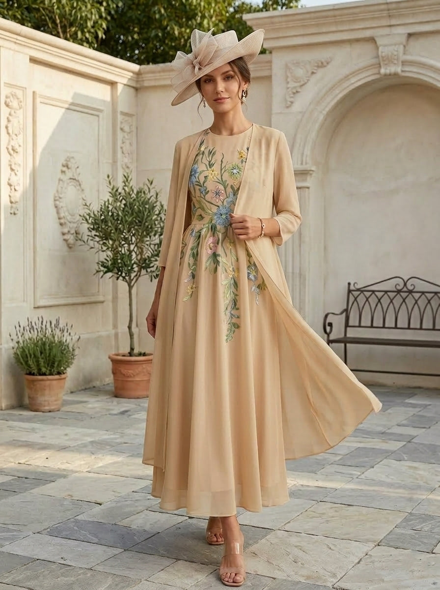 A-Line/Princess Scoop Chiffon Mother of the Bride Dresses with Jacket Lace Floral 3/4 Sleeves Ankle-Length