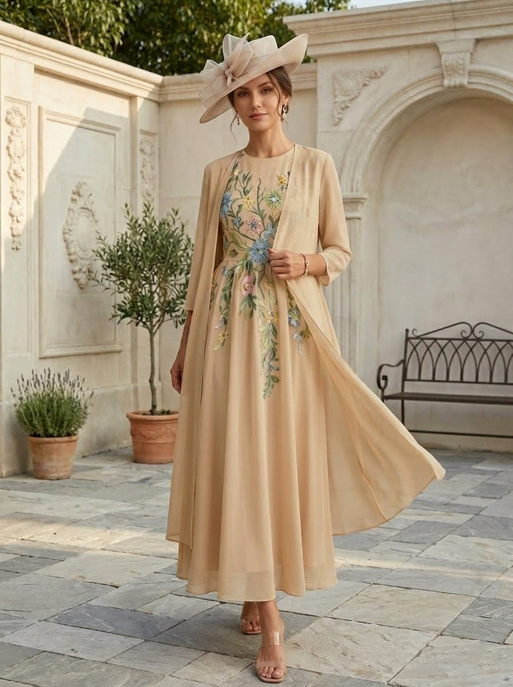 A-Line/Princess Scoop Chiffon Mother of the Bride Dresses with Jacket Lace Floral 3/4 Sleeves Ankle-Length