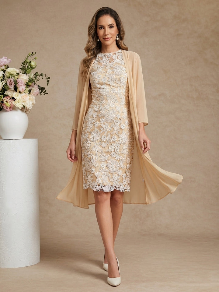 Sheath/Column Scoop Chiffon Mother of the Bride Dresses with Jacket Lace Floral 3/4 Sleeves Knee-Length
