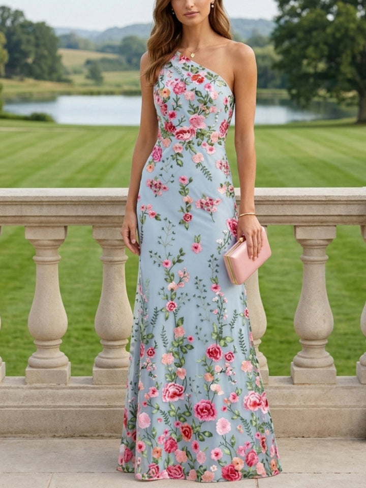 Sheath/Column One-Shoulder Lace Embroidery Mother of the Bride Dresses Sleeveless Floral Floor-Length