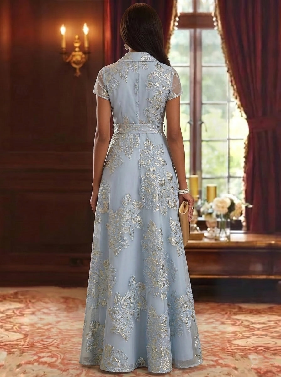 A-Line/Princess V-Neck Jacquard Mother of the Bride Dresses Short Sleeves Floral Floor-Length Bowknot Belt