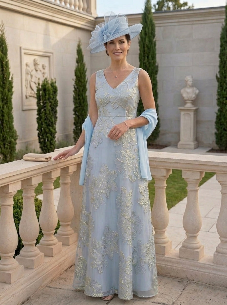 A-Line/Princess V-Neck Jacquard Mother of the Bride Dresses with Wrap Sleeveless Floral Floor-Length