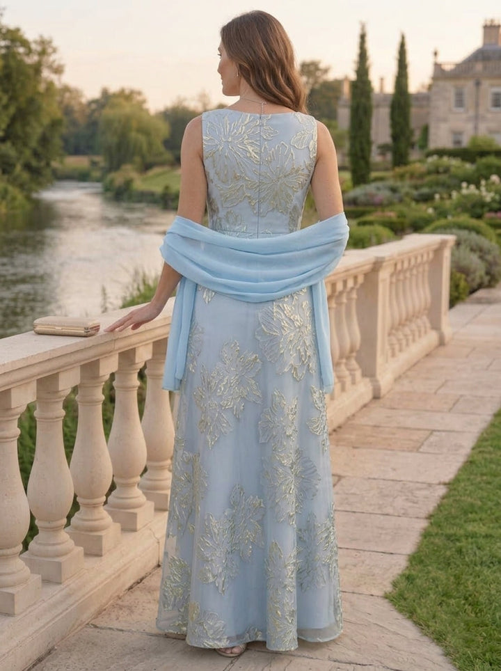 A-Line/Princess V-Neck Jacquard Mother of the Bride Dresses with Wrap Sleeveless Floral Floor-Length
