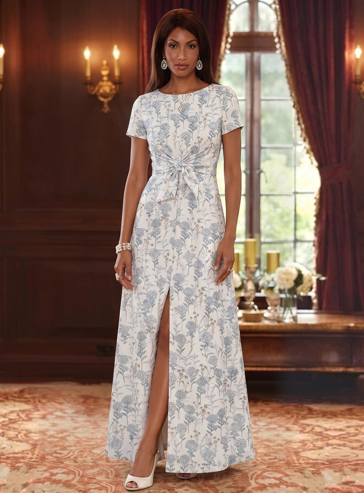 A-Line/Princess Scoop Jacquard Mother of the Bride Dresses with Split Side Short Sleeves Floral Ankle-Length Bowknot