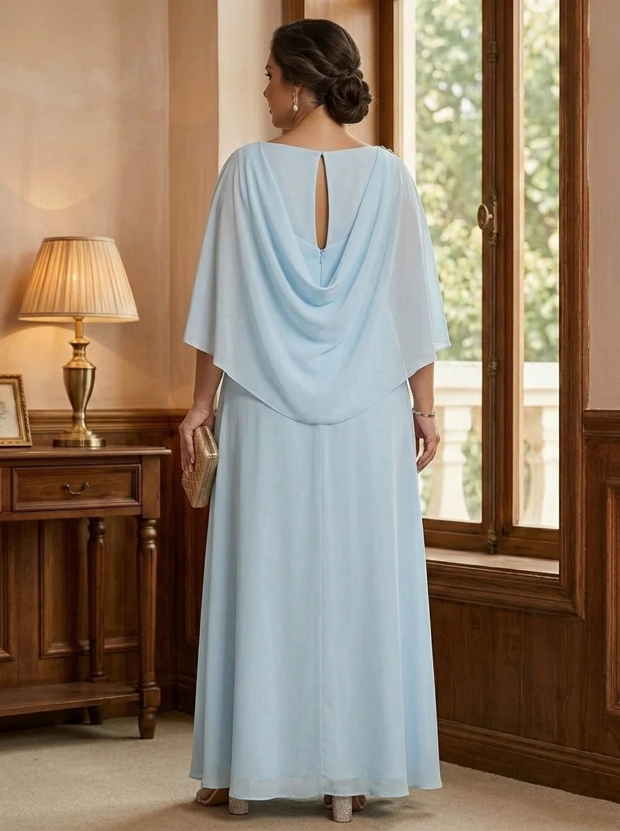 A-Line/Princess Boat Neck Chiffon Plus Size Mother of the Bride Dresses Cape Sleeves Ankle-Length Rhinestone