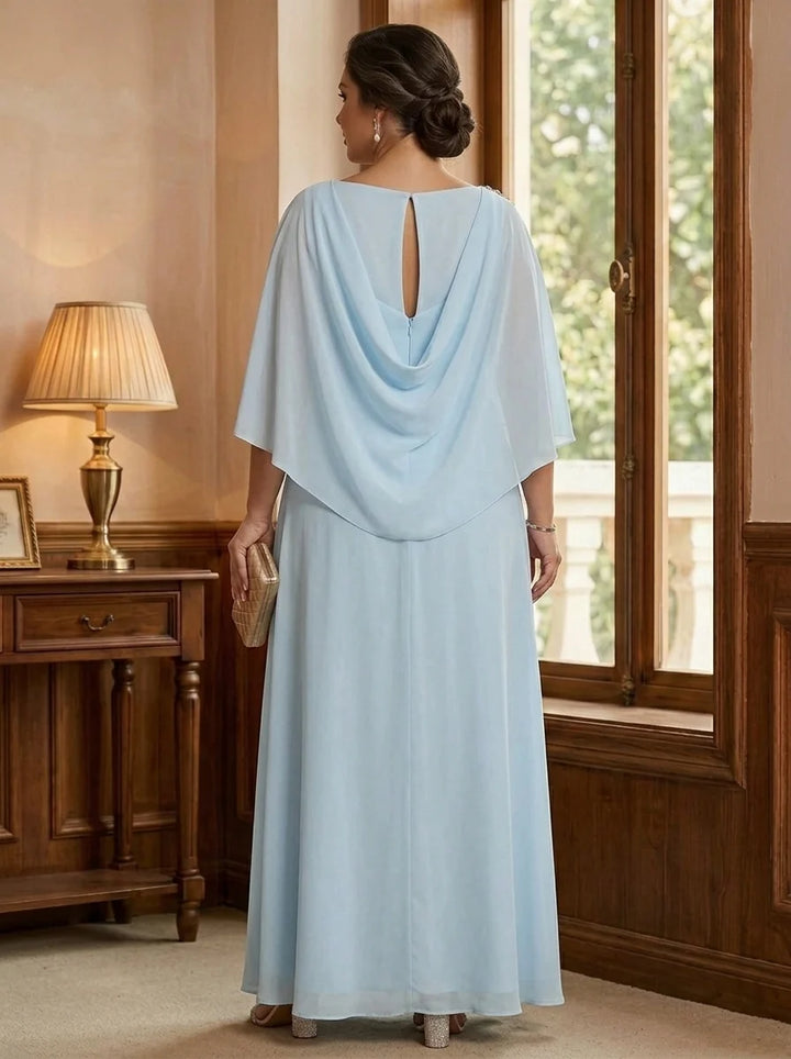 A-Line/Princess Boat Neck Chiffon Plus Size Mother of the Bride Dresses Cape Sleeves Ankle-Length Rhinestone